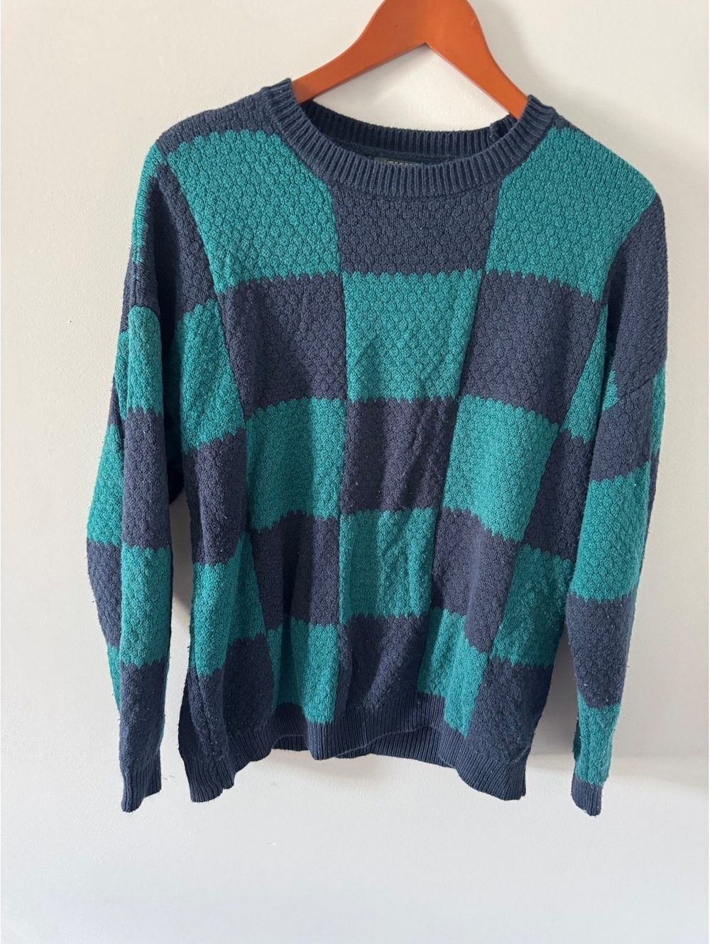 Wild Fable Large Blue and Teal Checkered Knit Sweater